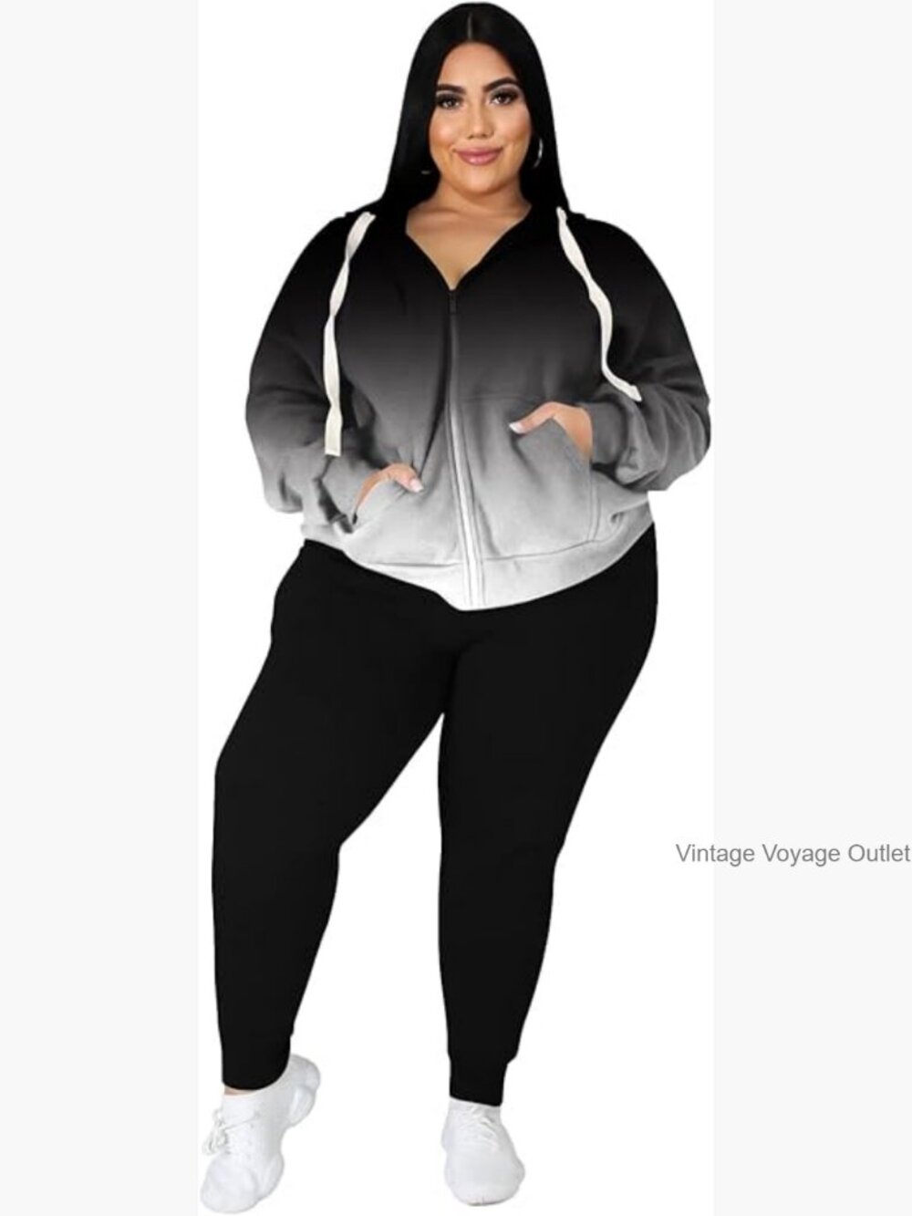 Plus Size Two Piece Sweatsuit with Pockets Long Sleeve Zip Hoodie Joggers Set